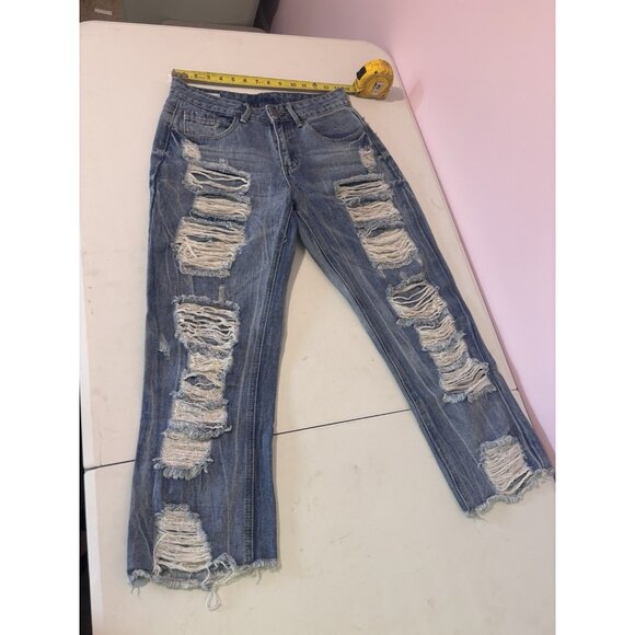 Boyfriend Distressed Jeans Women’s Denim Wide Leg Cropped Righ Rise - Picture 1 of 10